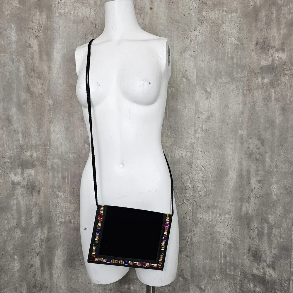 Vintage 90s Carolyne Barton Black Velvet Evening Bag Colorful Beaded Trim‎ Rope